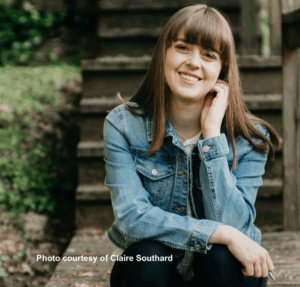Closeup shot of Claire Southard sitting on a set of steps